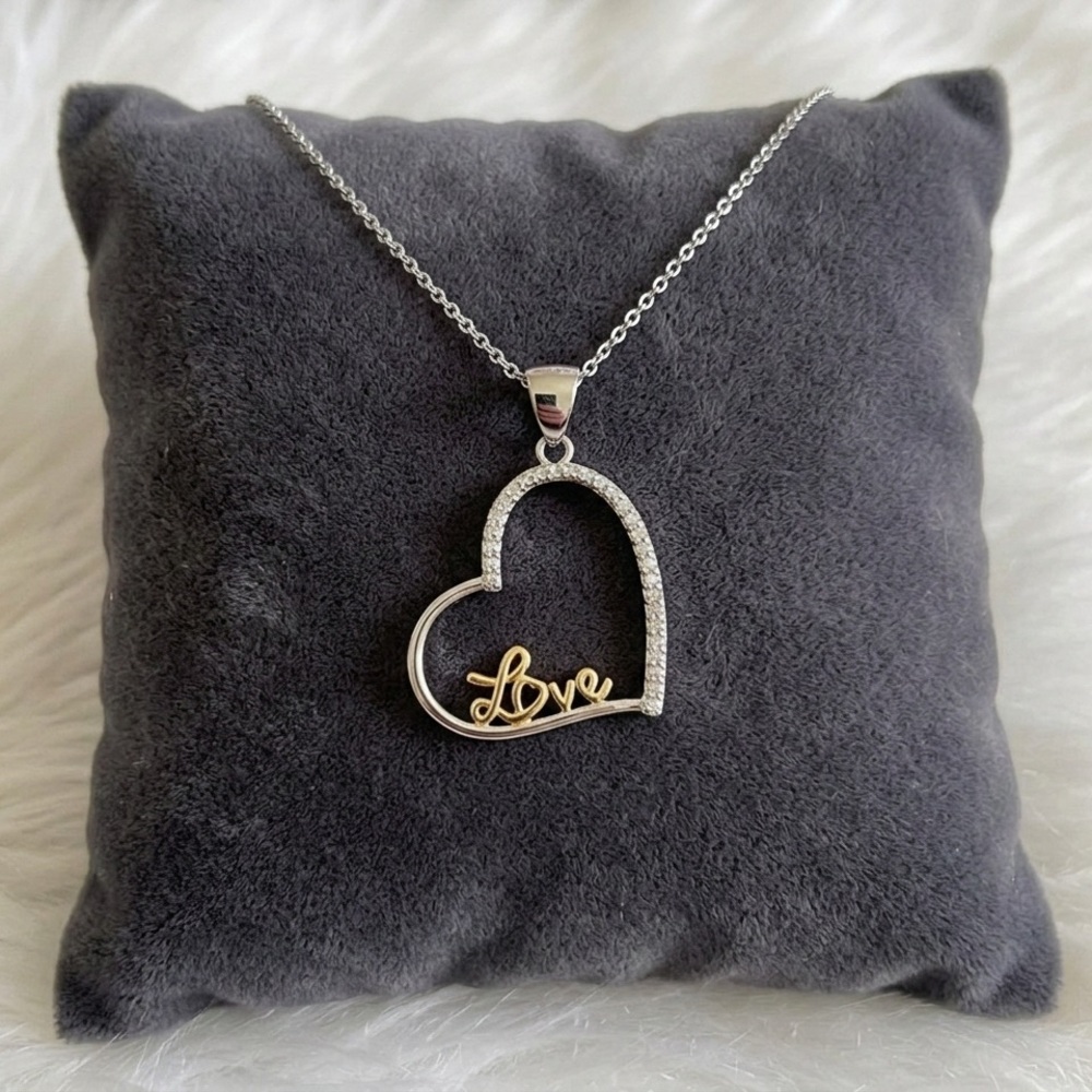 Diamond Accent Love Heart Necklace Sterling Silver Two Tone